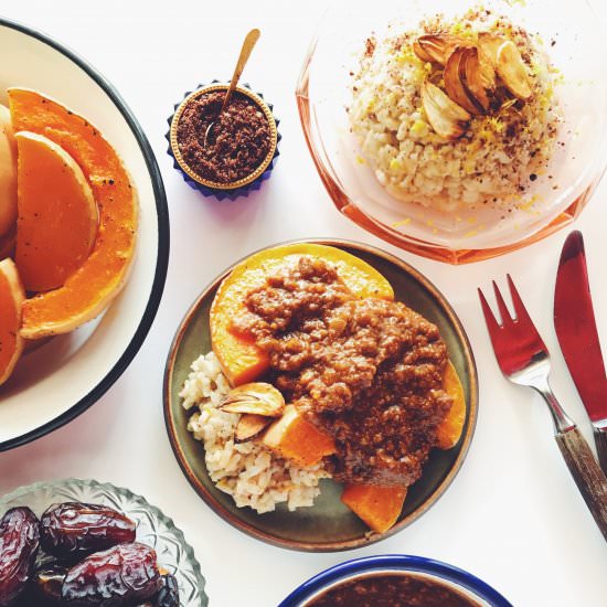 Veg Fesenjan w Squash & Pilaf - Recipe photo by recordsintheden