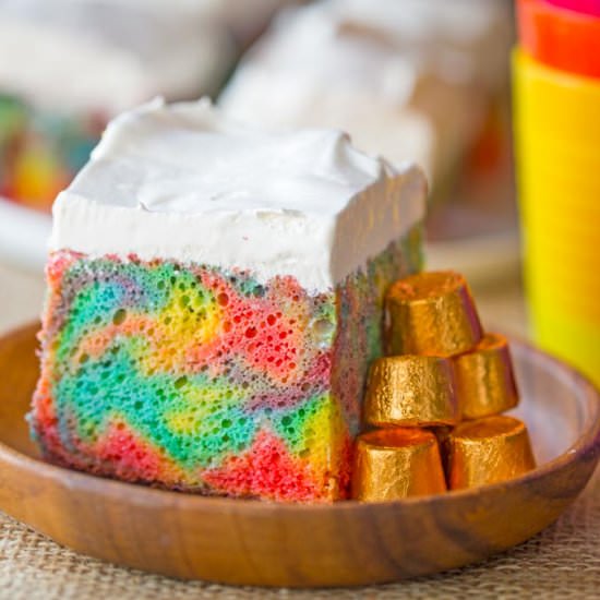 Rainbow Poke Cake W/ Whipped Cream - Recipe photo by dinnerthendessert
