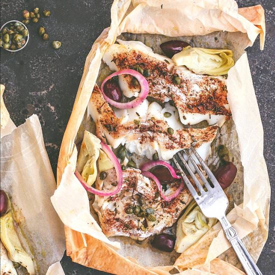 Mediterranean Cod en Papillote - Recipe photo by killingthyme