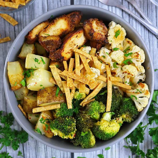 Spicy Roasted Veggie & Chicken Bowl - Recipe photo by SavorySpin