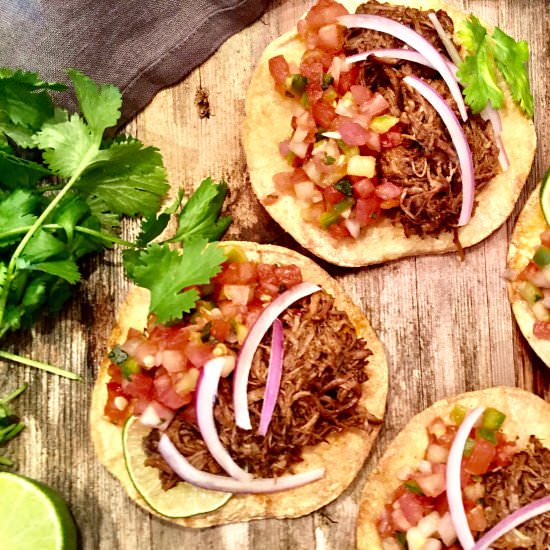 Slow Cooker Barbacoa Beef Tostadas - Recipe photo by AHintofWine