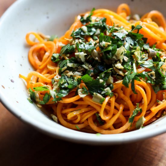 Sweet Potato Noodles with Gremolata - Recipe photo by WorthyPause