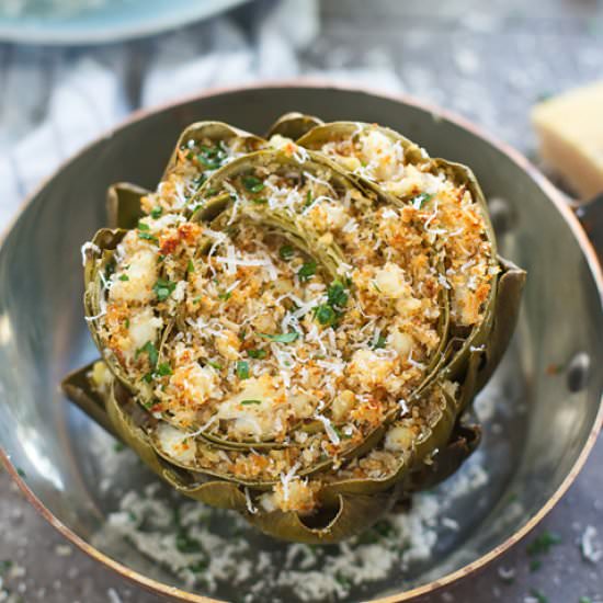 Crab Cake Stuffed Artichokes - Recipe photo by cookingforkeeps