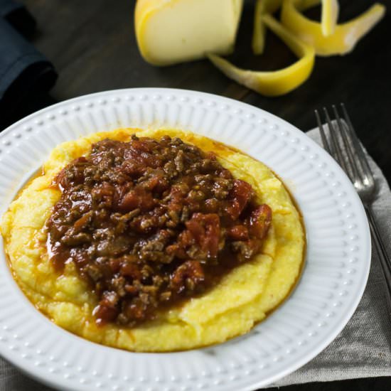 Creamy Polenta with Bolognese Sauce - Recipe photo by travelcooktell