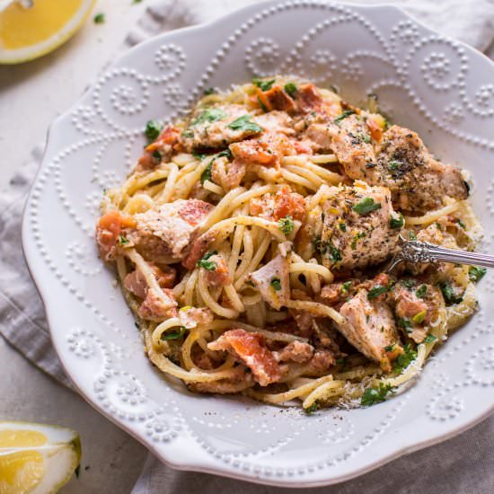 Creamy Lemon Tomato Salmon Pasta - Recipe photo by saltandlavender
