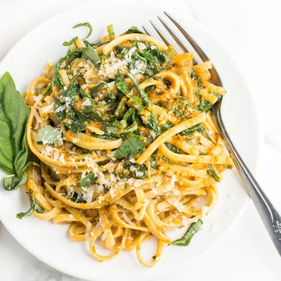 Roasted Red Pepper Pesto Pasta - Recipe photo by nourishedtheblog