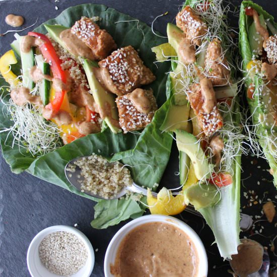 Spicy Almond Tempeh Wraps - Recipe photo by reachingforgreens