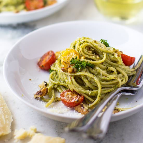 Linguini & Broccolini-Walnut Pesto - Recipe photo by Stiers Aesthetic