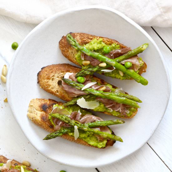 Bruschetta with Sweet Pea Pesto - Recipe photo by Ciao Chow Bambina
