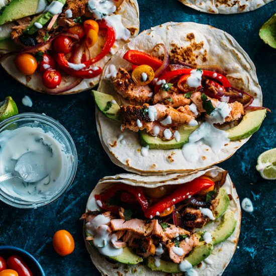 Blackened Salmon Fajitas - Recipe photo by thealmondeater
