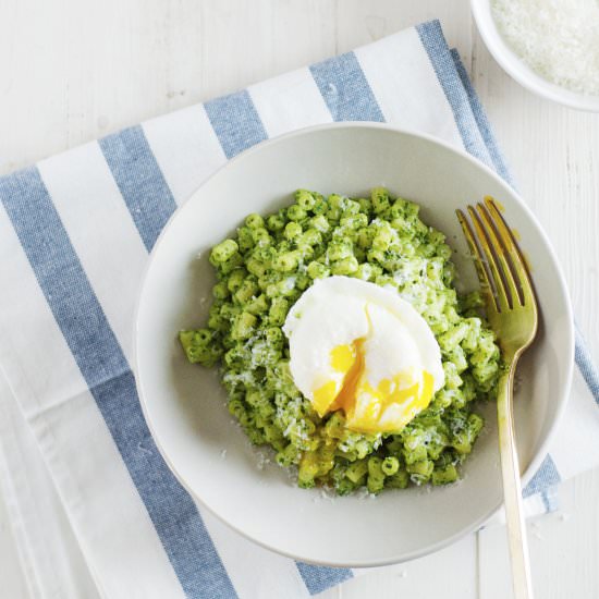 Goat Cheese Kale Pasta with Eggs - Recipe photo by thecharmingdetroiter