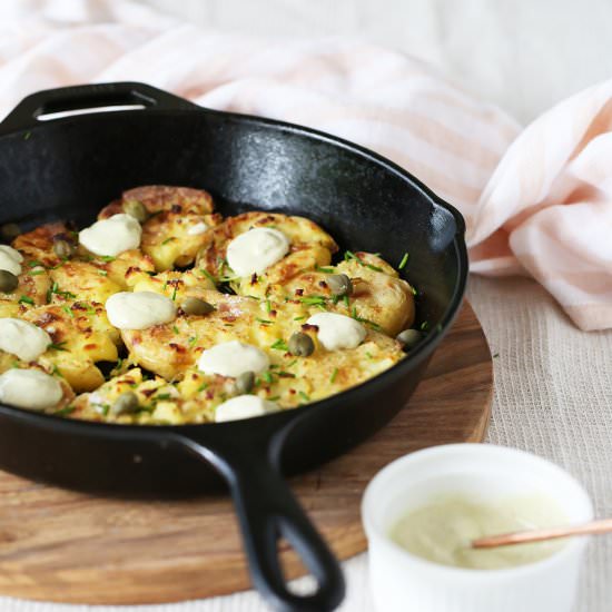 Smashed Potatoes with Caper Aioli - Recipe photo by begoodorganics