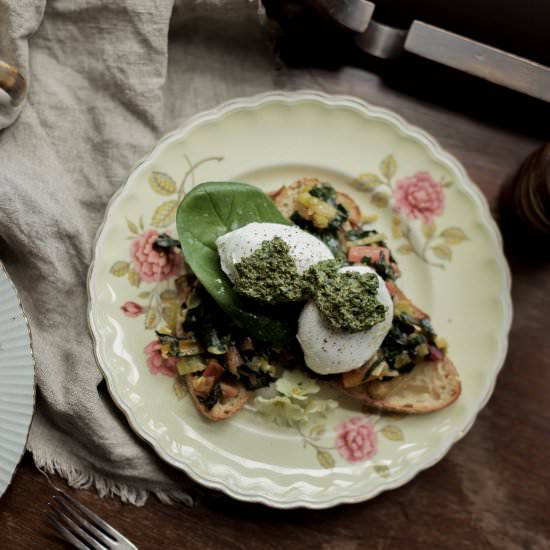 Chard, Leeks, Pesto, and Poached Eggs - Recipe photo by LyndseyEden