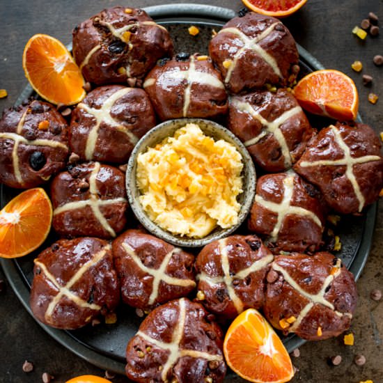 Chocolate Orange Hot Cross Buns - Recipe photo by KitchenSanctuary