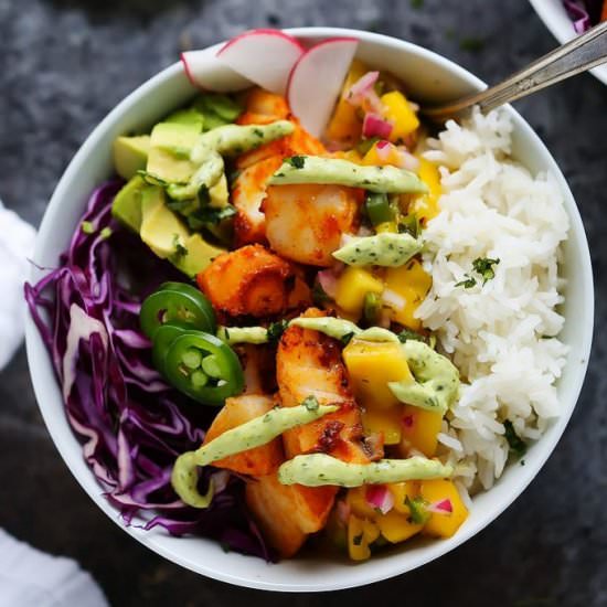 Fish Taco Bowls with Mango Salsa - Recipe photo by platingsandpairings