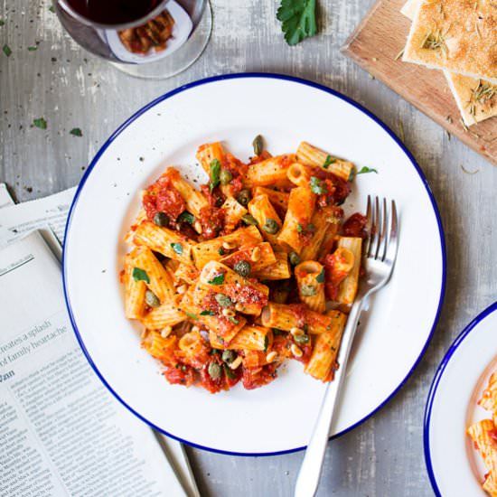 Rigatoni with saffron and capers - Recipe photo by lazycatkitchen