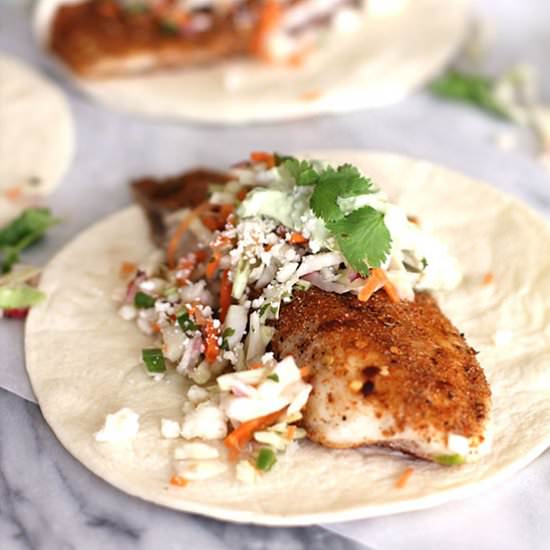 Easy Fish Tacos w/ Avocado Crema - Recipe photo by suebeehomemaker