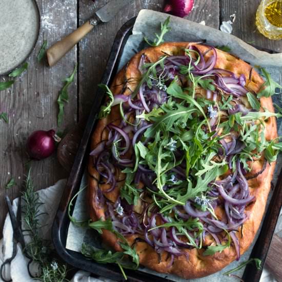 Focaccia with red onion and rocket - Recipe photo by TheLittlePlantation