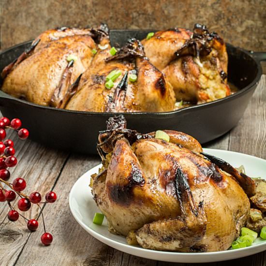 Polenta Stuffed Cornish Hens - Recipe photo by DishingDelish