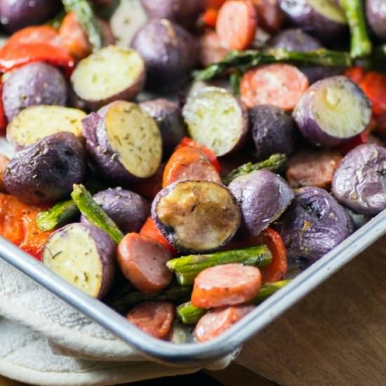 Sheet Pan Potatoes and Sausage - Recipe photo by noshingwiththenolands