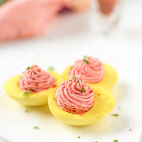 Naturally Dyed Deviled Eggs - Recipe photo by EmilyKyleNutrition