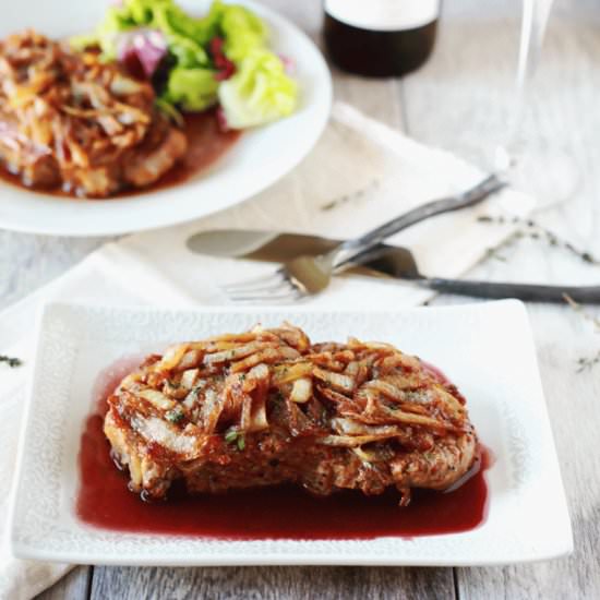 Merlot Steak with Carmelized Onions - Recipe photo by FlirtingwithFlavor
