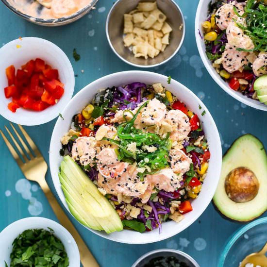 Creamy Sriracha Shrimp Poke Bowls - Recipe photo by thegirlonbloor