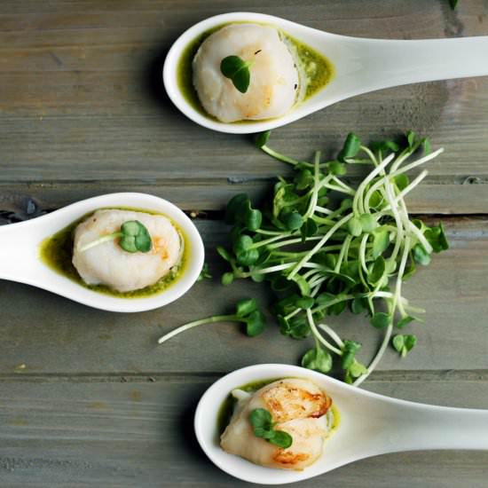 Seared Scallops with Basil Pesto - Recipe photo by SimpleSassyScrumptious