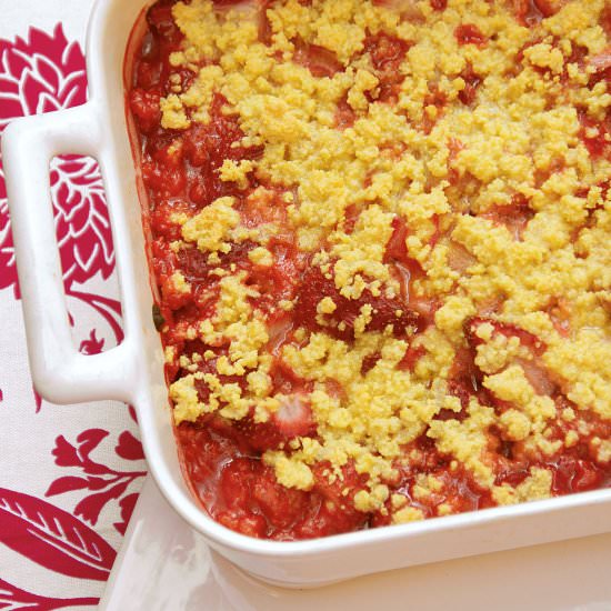 Strawberry-Rhubarb Polenta Crisp - Recipe photo by SippitySup