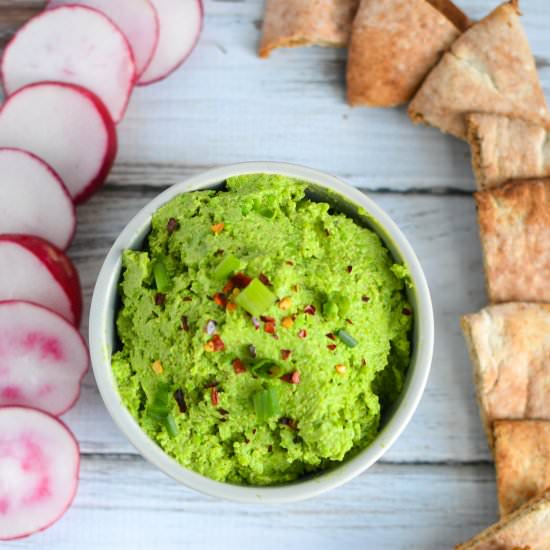 Creamy Spring Pea Guacamole - Recipe photo by One Hungry Bunny