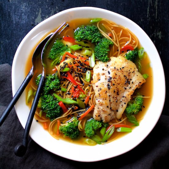Asian Vegetable Noodle Bowls w/Fish - Recipe photo by fromachefskitchen