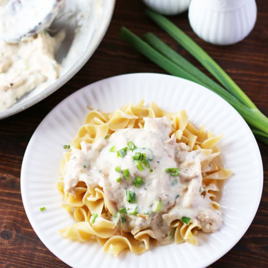 Creamy Chicken Over Noodles - Recipe photo by Longbourn Farm