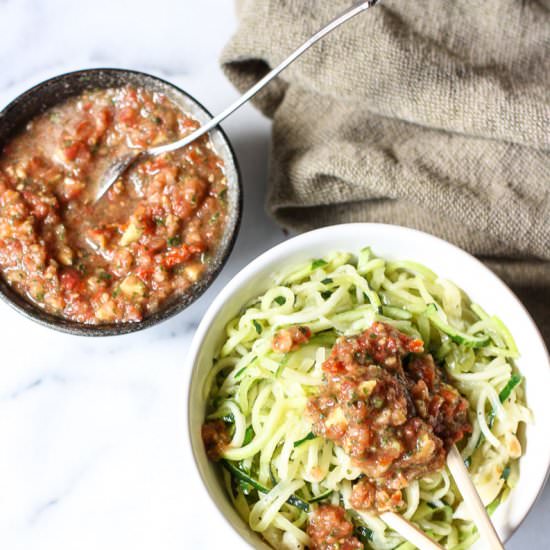 Zoodles With Raw Tomato Basil Sauce - Recipe photo by kitchenofyouth