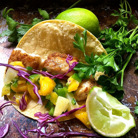 Fish Tacos with Mango Salsa - Recipe photo by Grits and Pinecones