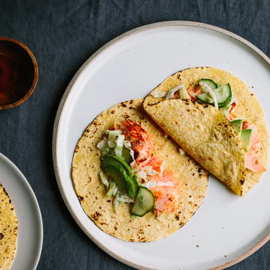 Chipotle Roasted Salmon Tacos - Recipe photo by gatheranddine