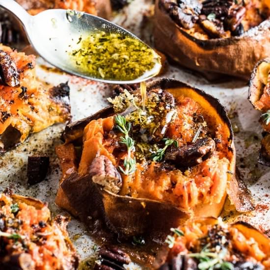 Herb + Garlic Smash Sweet Potatoes - Recipe photo by The Endless Meal