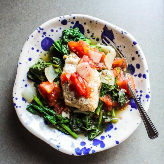 Poached Cod with Spinach and Brocco - Recipe photo by Lisa G Cooks