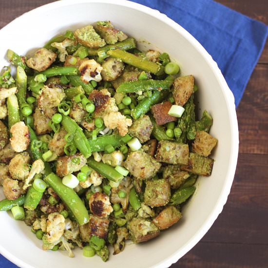 Spring Panzanella w Avocado Pesto - Recipe photo by KneadingHome