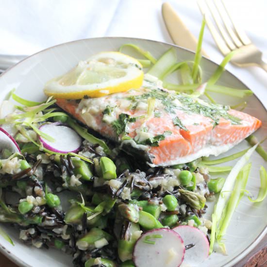 Roasted Salmon with Spring Veggies - Recipe photo by organicallymandy