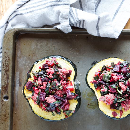 Beet and Dandelion stuffed Acorn - Recipe photo by Eat Your Way Clean