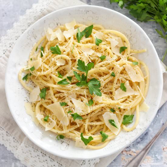 Parmesan Garlic Butter Bucatini - Recipe photo by Purely Katie