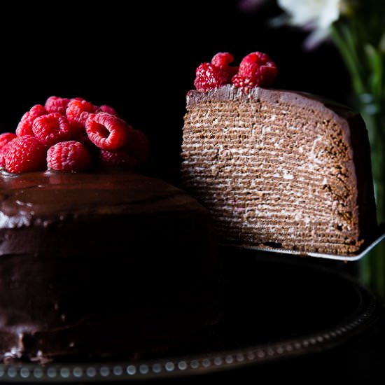 Chocolate Raspberry Crepe Cake - Recipe photo by foodfaithfitness