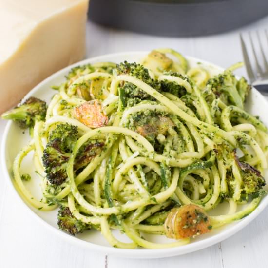Pesto Zoodles with Roasted Veggies - Recipe photo by heartandstove