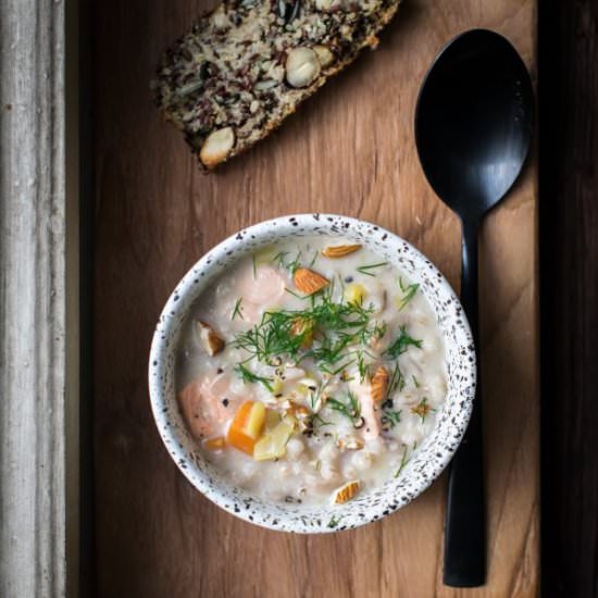Barley, almond & salmon soup - Recipe photo by inthemoodforfood