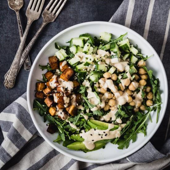 Tofu Arugula Salad Tahini Dressing - Recipe photo by EatGood4Life
