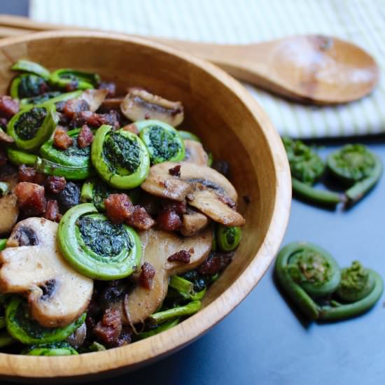 Fiddleheads w/ Mushrooms & Pancetta - Recipe photo by Sneaky Mommies