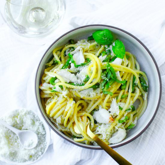 Bucatini with Crab and Asparagus - Recipe photo by yestoyolks