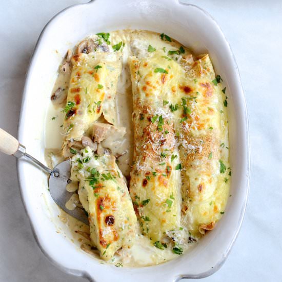 Chicken a la king filled pancakes - Recipe photo by Bibbyskitchenat36