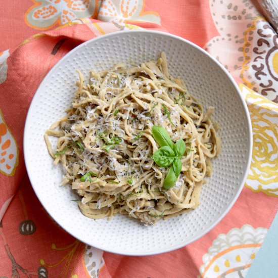 Linguine + Clams in Chickpea Sauce - Recipe photo by The Kitchen Flamingo