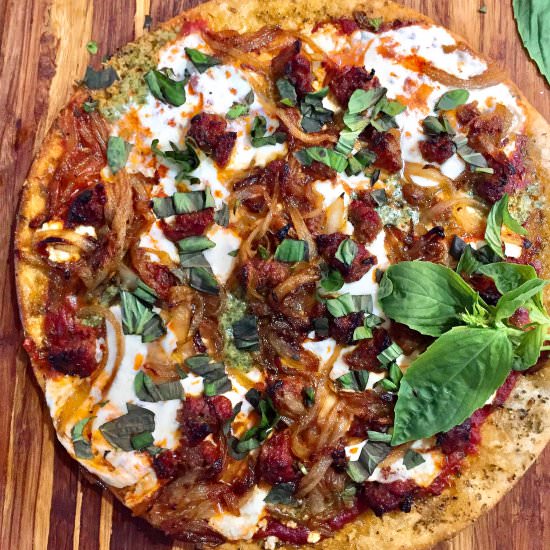 Sausage, Onion, and Pesto Pizza - Recipe photo by AHintofWine